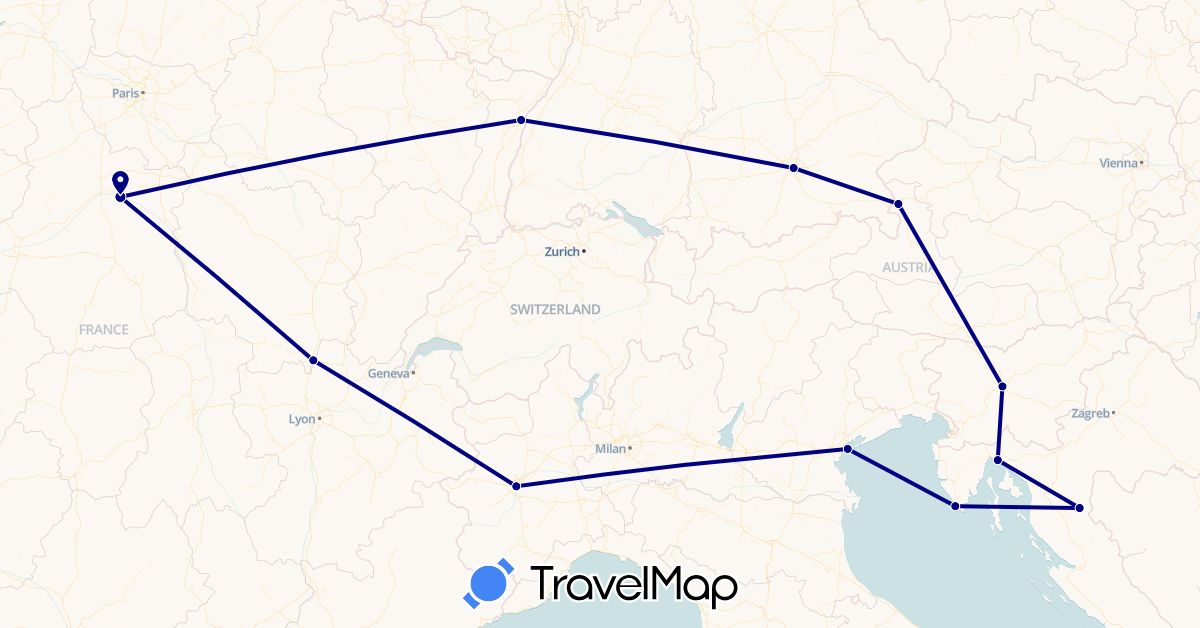 TravelMap itinerary: driving in Austria, Germany, France, Croatia, Italy, Slovenia (Europe)